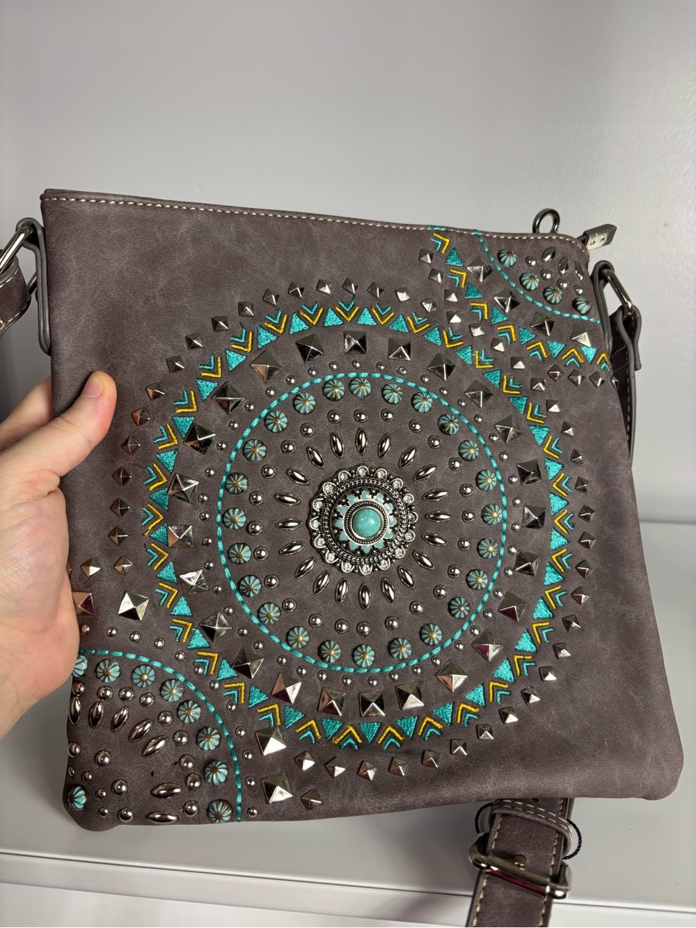 Embroidered Studded Crossbody Bag in Taupe with Turquoise Accents